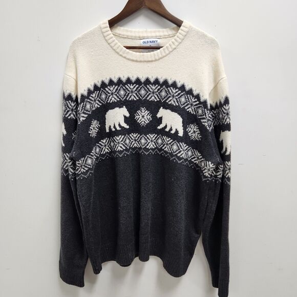 Old Navy Mens Fair Isle Crewneck Sweater Size XL Cream Black Gray Bear Cozy - Picture 1 of 12